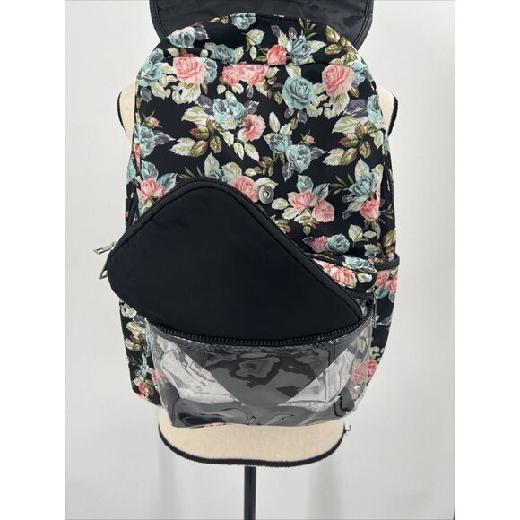 No Boundaries Nylon Flap Backpack Clear Vinyl Pocket Black Floral NWT 16" deep - Picture 7 of 8
